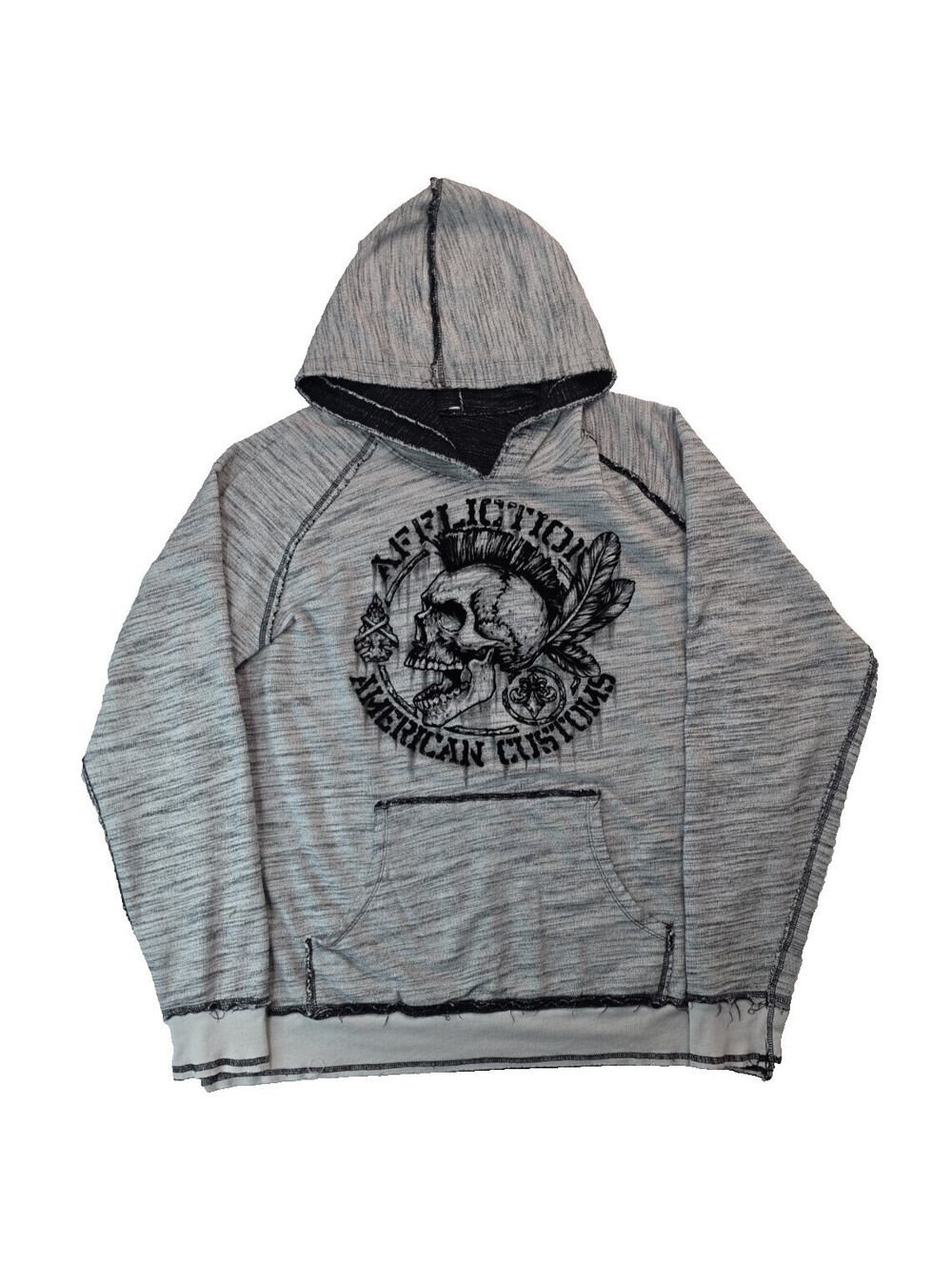 Affliction Y2K Heathered Gray Black Indian Skull Graphic Reversible Hoodie XL